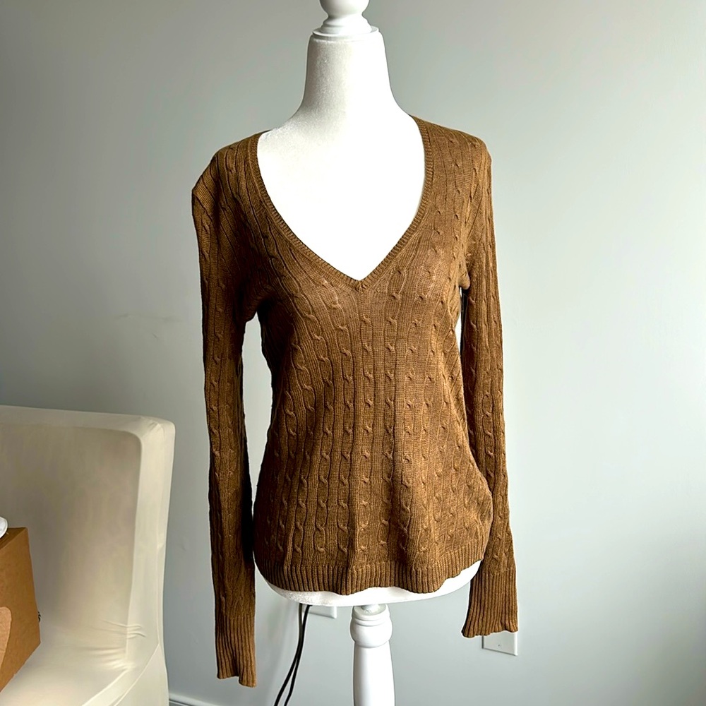 JCrew gold linen cable knit long sleeve vneck sweater
